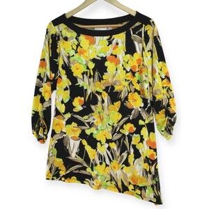 QVC Susan Graver Size M Black Yellow Art to Wear Asymmetrical Hem Blouse